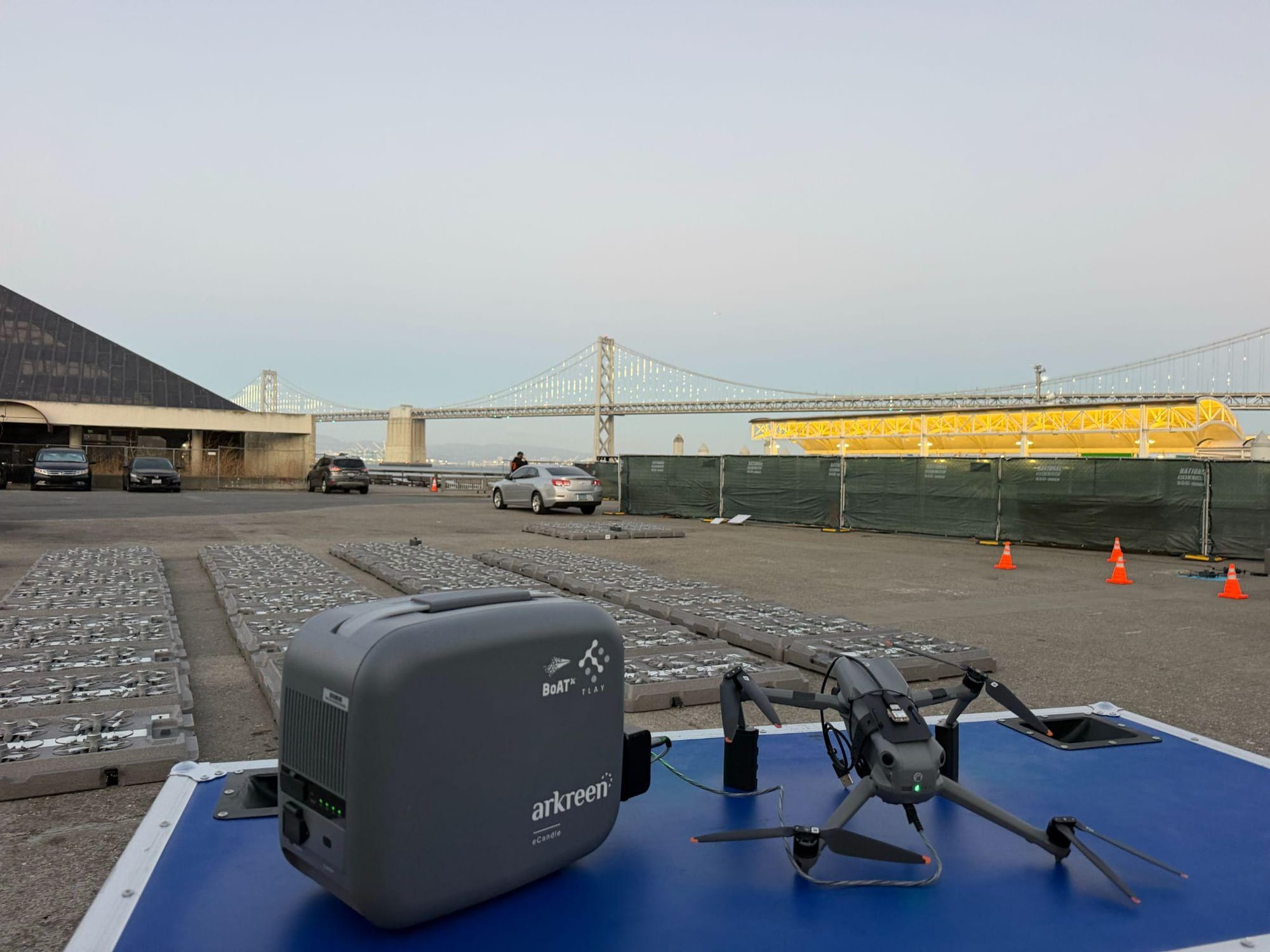 A drone connected to the Arkreen eCandle on the landing pad before the show